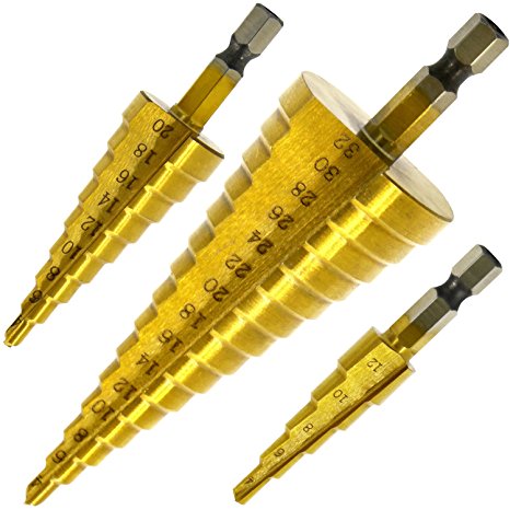Hiveseen 3pcs Step Cone Drill Bit Set, Multi Metric Size 4-12/20/32mm, HSS Steel, Titanium Coated, Hex Shank, High Speed and Large Hole Cutter for Wood, Stainless Steel, Sheet Metal