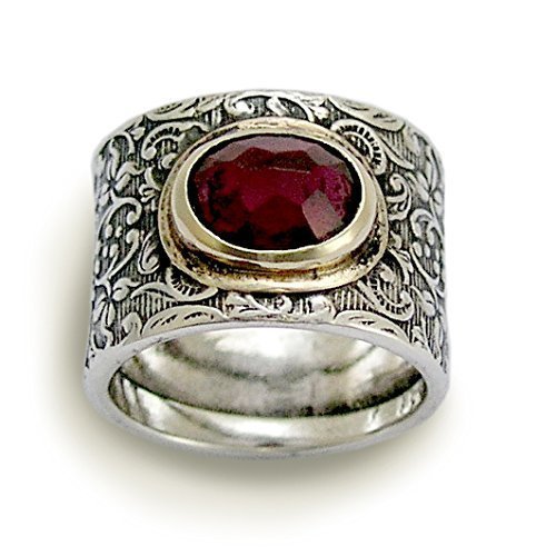 14mm Wide Silver gold band with deep red Garnet gemstone Boho ring Bohemian ring with gemstone Gypsy ring vine ring unique ring for her - Craving R1624