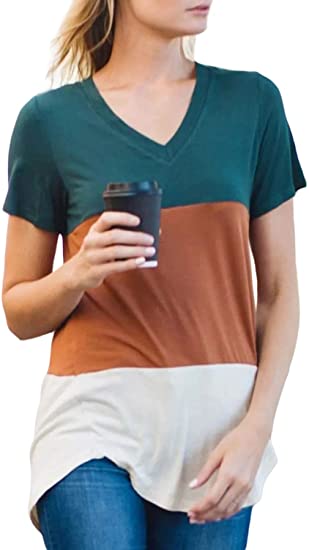 Ecrocoo Womens Summer Casual V Neck Triple Color Block Stripe Short Sleeve Basic Fashion T-Shirt Tops
