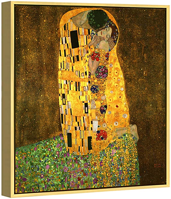 Wieco Art Framed Art The Kiss by Gustav Klimt Famous Oil Paintings Reproductions Modern Giclee Canvas Prints Canvas Wall Art with Golden Picture Frames for Wall Decor Home Decorations KISS-60x60-GF