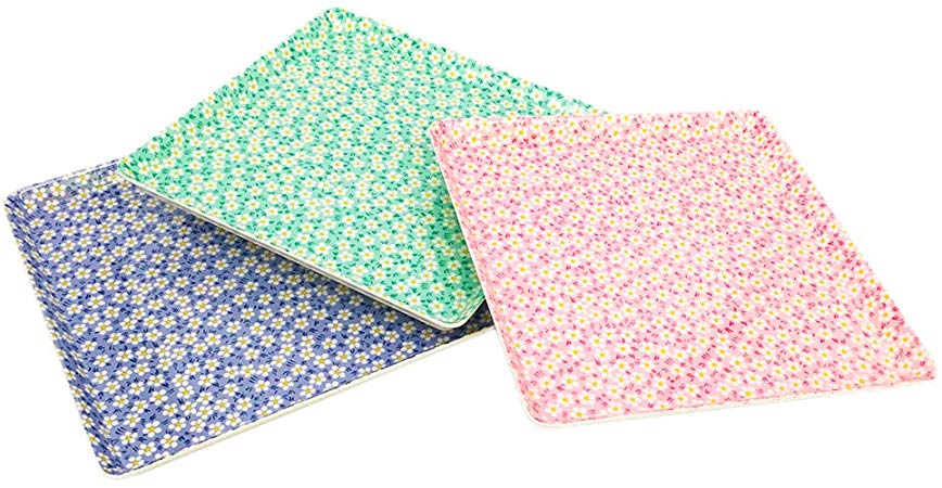 GWPP 10.5" x 10.5" x 3/4" Melamine Plastic Shallow Floral Breakfast Serving Tray, Set of 3 in 3 Assorted Colors. for restaurant indoor or outdor picnic camping. (Shallow Floral colorful mixing) T9892