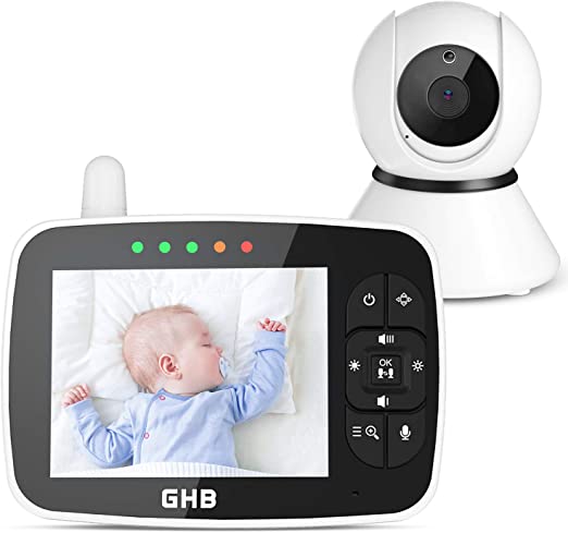 GHB Baby Monitor 3.5-inch Video Baby Monitor with Camera Infrared Night Vision Temperature Display Lullaby Function 2-Way Talk Feeding Alarm Clock