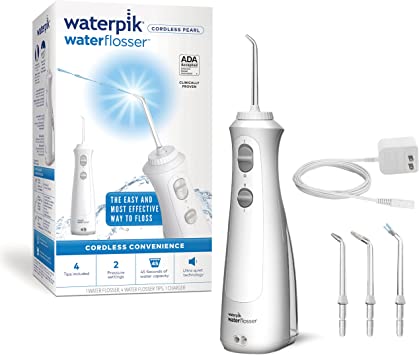 Waterpik Cordless Pearl Water Flosser Rechargeable Portable Water Flosser for Teeth, Gums, Braces Care and Travel with 4 Flossing Tips, ADA Accepted, WF-13 White