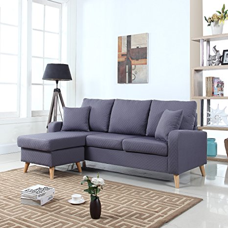 Mid Century Modern Linen Fabric Small Space Sectional Sofa with Reversible Chaise (Dark Grey)