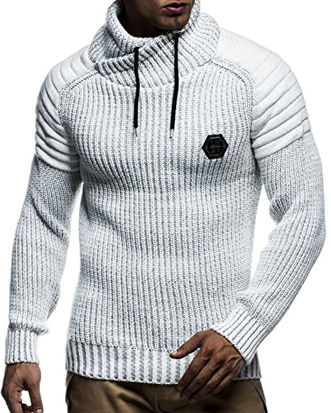 LEIF NELSON Men's Pullover Hoodie Knit Sweater Longsleeve Sweatshirt Quilted Biker-Style Shawl Collar LN5235