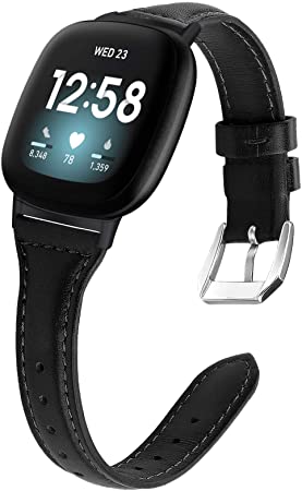 KIMILAR Leather Bands Compatible with Fitbit Sense/Versa 3, Slim Genuine Leather Band Replacement Strap Wristband Accessories Man Women Compatible with Fitbit Versa 3 / Sense Smart Watch