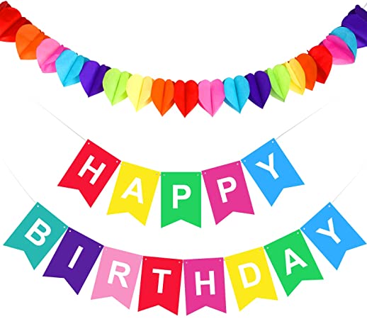 KUUQA Happy Birthday Banner with Rainbow Paper Garland Birthday Bunting for Boys and Girls Birthday Decorations, Party Supplies