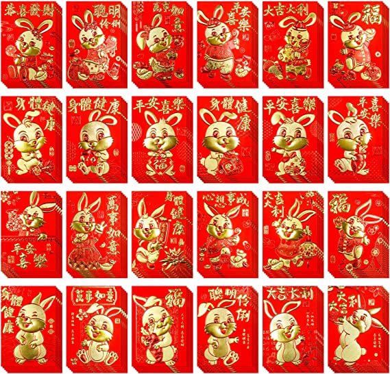 120 Pcs 24 Designs Chinese Red Envelopes Hong Bao Lucky Money Envelopes Red Packets Lai See Packet Cash Envelopes Red Pockets for Asian Chinese Lunar New Year Wedding Birthday Year of the Rabbit 2023