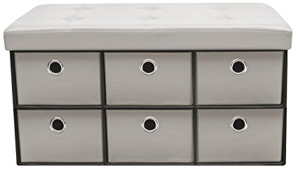 Sorbus Ottoman Bench with Drawers – Collapsible Folding Bench Chest with Cover – Perfect for Entryway, Bedroom, Cubby Drawer Footstool, Contemporary Faux Leather (Beige)