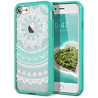 iPhone 7 Case, SmartLegend Retro Totem Series Mandala Datura Henna Floral Pattern Clear Acrylic PC Hard Back Cover with TPU Bumper Frame Hybrid Transparent Protective Case for iPhone 7 4.7" - Mint