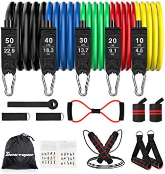 BESTOPE Resistance Bands Set 16Pcs Exercise Workout Bands Fitness for Elastique Entrainement with Handles, Skipping Rope, Wrist Wraps, 8-Shape Band, Door Anchor, Legs Ankle Straps, Home Workout Elastic Bands Up to 150lbs