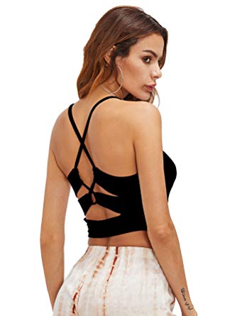 Romwe Women's Sexy Cutout Back Crisscross Spaghetti Strap Crop Cami Top