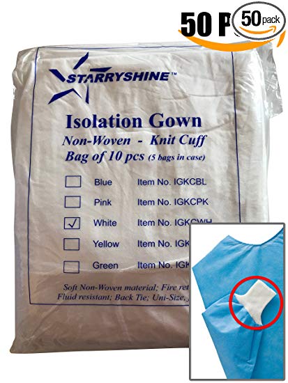 Dental Medical Latex Free Disposable Isolation Gowns Knit Cuff Non Woven | Fluid Resistant (50 Gowns / 5 Packs, White)