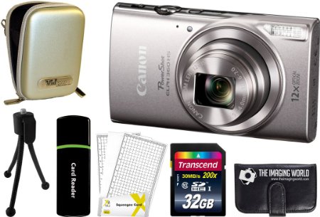 Canon PowerShot ELPH 360 HS 20.2MP 12x Zoom Full-HD 1080p Wi-Fi Digital Camera (Silver)   32GB Card   Reader   Case   Accessory Bundle