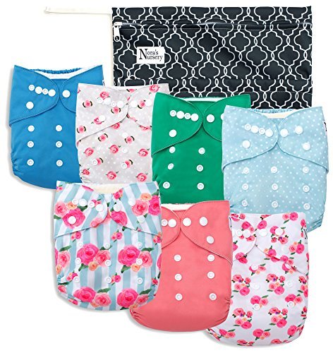 Peonies Baby Cloth Pocket Diapers 7 Pack, 7 Bamboo Inserts, 1 Wet Bag by Nora's Nursery