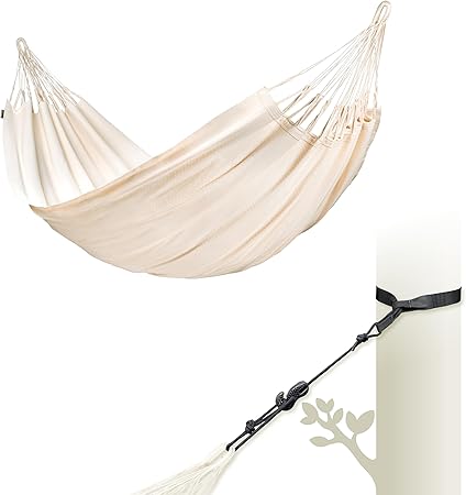 LA SIESTA® Modesta Organic Cotton Hammock & TreeMount, Hammock & Tree Straps for Beams Posts - Indoor Outdoor Hammock, Patio Hammock Bed Portable Hammock, Single Person Hammock - Single Hammock, Latte