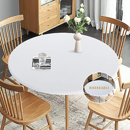 Obstal Fitted Round Table Cloth, Reversible Waterproof Stain Resistant Elastic Stretch Tablecloth, Wipe Clean Table Cover for Outdoor/Indoor Use, Fits Round Tables up to 40" - 44" Diameter, White