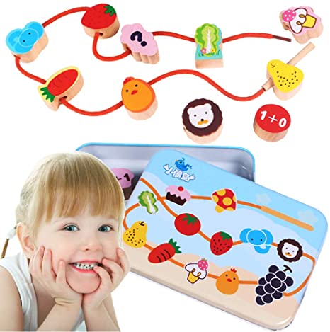 CenYouful Lacing Toy Wooden Block Set, Early Educational Toys String & Lacing Beads Games for Toddlers Kids Terrestrial Animals Learning Toy Play Set (12 Pieces) (Vegetables Fruits)