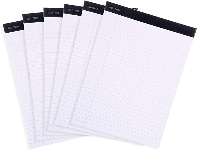 Mintra Office Legal Pads - ((BASIC WHITE 6pk, 8.5in x 11in, WIDE RULED)) - 50 Sheets per Notepad, Micro perforated Writing Pad, Notebook Paper for School, College, Office, Business