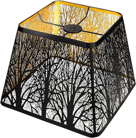 Medium Square Lamp Shades, ALUCSET Metal Lampshade with Pattern of Trees for Table Lamp and Floor Light, 7 x 10 x 7.5 Inch, Pattern of Trees (Black/Gold)