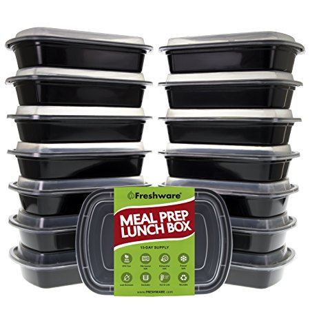 Freshware Meal Prep Containers [15 Pack] 1 Compartment with Lids, Food Storage Bento Box | BPA Free | Stackable | Lunch Boxes, Microwave/Dishwasher/Freezer Safe, Portion Control, 21 day fix (28 oz)