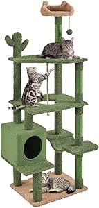 Yaheetech Arbre à Chat Cactus en Peluche Tour pour Chat Multiniveau avec Perchoir Cachette Jouets Griffoir pour Chat en Sisal 179 cm de Haut Vert/Brun