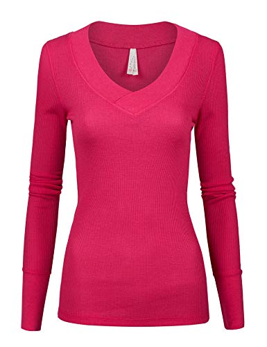Womens Junior Solid Multi Colors Slim Fit Long Sleeve Thermal Material V_Neck Top with Band Neckline