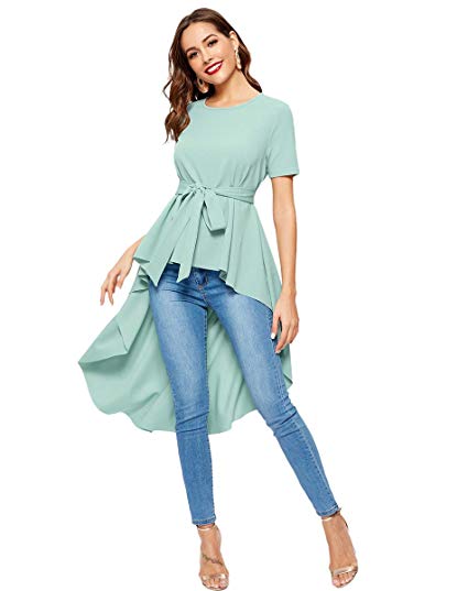 Romwe Women's Irregular Hem Short Sleeve Belted Flare Peplum Ruffle Blouse Shirts Top