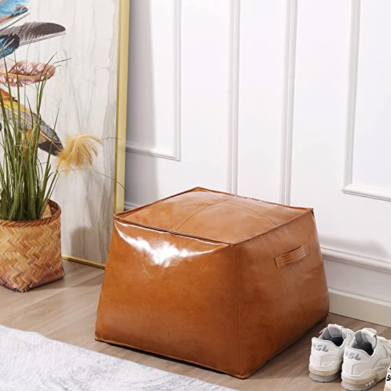 CUYOCA Unstuffed Leather Pouf Cover, Handmade Footstool Ottoman Storage Solution, Square Floor Footrest Footstool Cushion, 21.5x21.5x16 inches, Cognac Tan