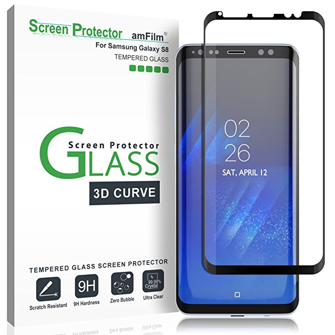 Galaxy S8 Screen Protector Glass, amFilm Full Cover (3D Curved) Tempered Glass Screen Protector Dot Matix Samsung Galaxy S8 (1 Pack, Black)