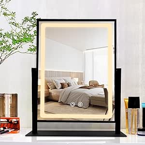 Vanity Mirror with Lights, Hollywood Lighted Makeup Mirror,Touch Control 3 Color Lighting Modes for Bedroom, Detachable 10X Magnification Mirror, 360°Rotation, Black