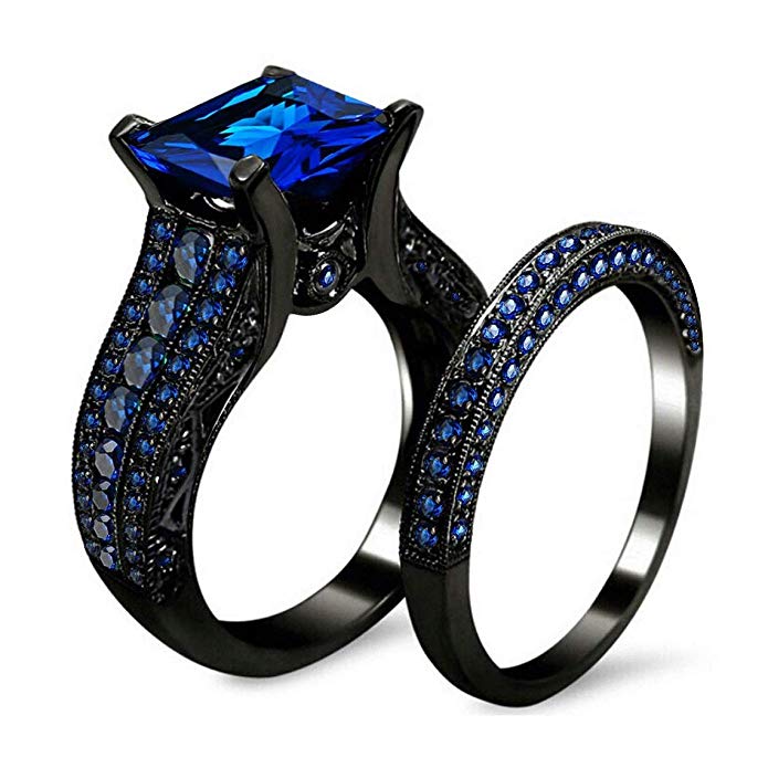 AMiERY Black Gold Sapphire Princess Cut CZ Wedding Engagement Band Bridal Rings Jewelry Set