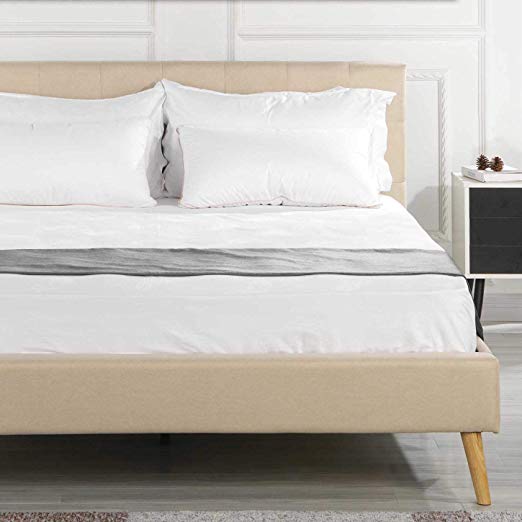 DIVANO ROMA FURNITURE Queen Size Low Platform Bed Frame and Tufted Upholstered Headboard - Mattress Foundation & Wooden Slat Support, No Spring Box Needed Bedframes, Wood Bedframe (Beige White)