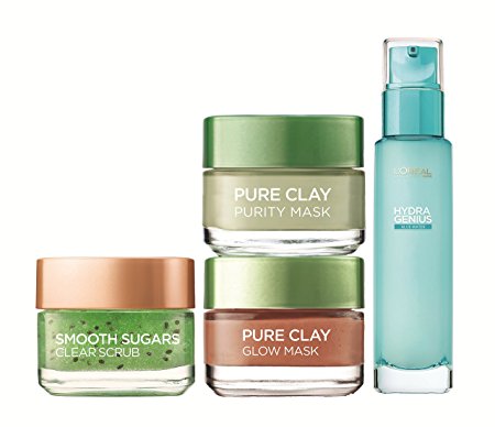 L’Oreal Paris Skincare Night In Pamper Bundle with 1 x Clear Sugar Scrub, 1 x Hydra Genius, 1 x Pure Clay Glow Face Mask, 1 x Pure Clay Purity Face Mask