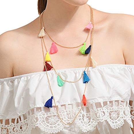 FXmimior Women 2 Tiers Necklace Vintage Bohe Multicolor Tassels Handmade Necklace Jewelry For Women