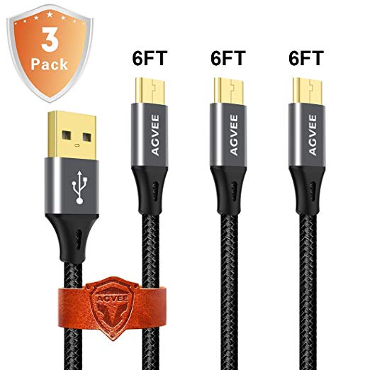 3A Current Heavy Duty Micro USB Cable [3 Pack 6ft], Agvee Metal Shell, Nylon Braided Durable Charger Cord Android Charging Cable for Galaxy S7 S6 J7, PS4 [in-case] Gray Black