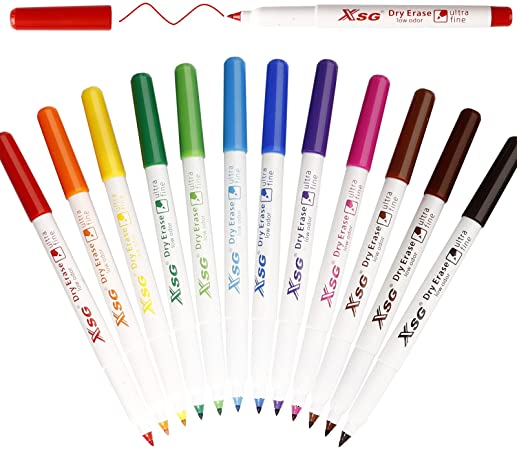 Dry Erase Markers , Ultra Fine Tip 12 Colors Whiteboard Pens , Low-Odor Non-Toxic Washable Whiteboard Markers Ultra Fine Point for School Supplies, Home and Office, 12 Pack