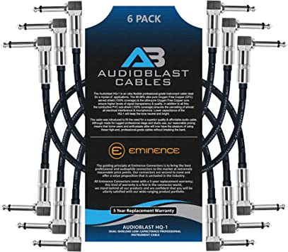 Audioblast - 6 Units - 12 Inch - HQ-1 - Ultra Flexible - Dual Shielded (100%) - Guitar Instrument Effects Pedal Patch Cable w/Eminence Right-Angled ¼ inch (6.35mm) TS Plugs & Double Staggered Boots