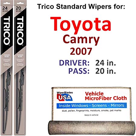 Wiper Blades for 2007 Toyota Camry Driver & Passenger Trico Steel Wipers Set of 2 Bundled with Bonus MicroFiber Interior Car Cloth