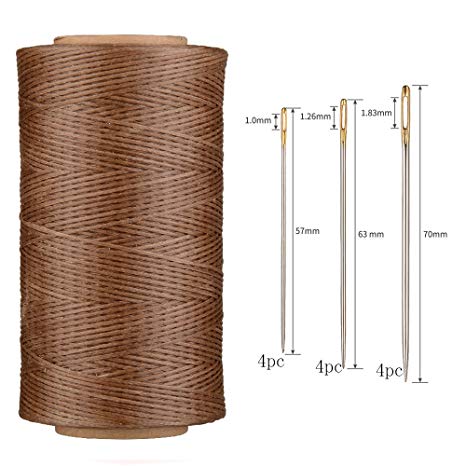 AntKits 284 yards 150D 0.8mm Flat Leather Waxed Thread Cord and 12 pcs Stitching Needles with Big Pinhole for Leather Factory or Leathercraft DIY, Brown