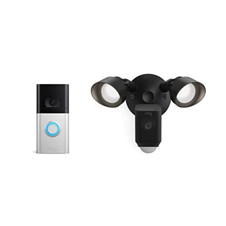 Ring Video Doorbell 4 (2021 release) with Ring Floodlight Cam Wired Plus, Black (2021 release)