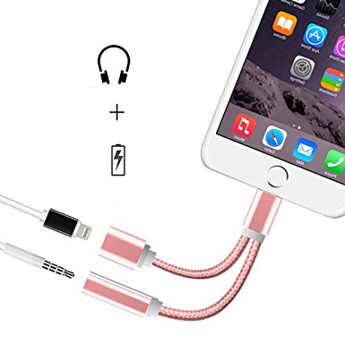 iPhone 7 Charger and Headphone Jack Adapter,Kupx Braided Lightning to 3.5 mm Headphone Jack Adapter with Charging Rose