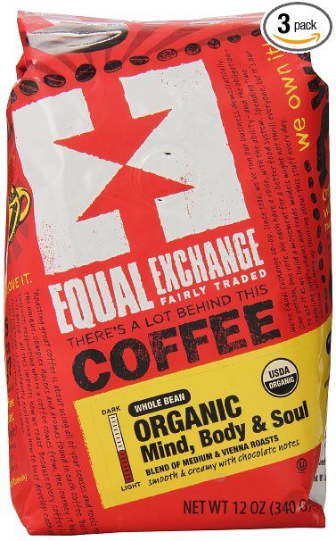 Equal Exchange Organic Coffee, Mind Body Soul, Whole Bean, 12-Ounce Bags (Pack of 3)