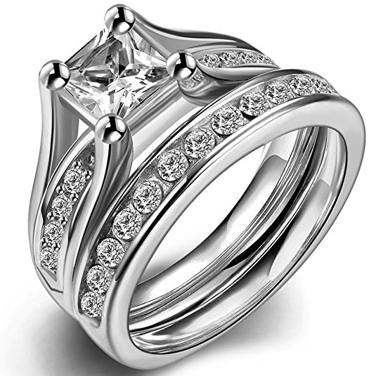 Stainless Steel Princess Cut Wedding Engagement Ring Set Anniversary Propose Eternity Bridal Halo