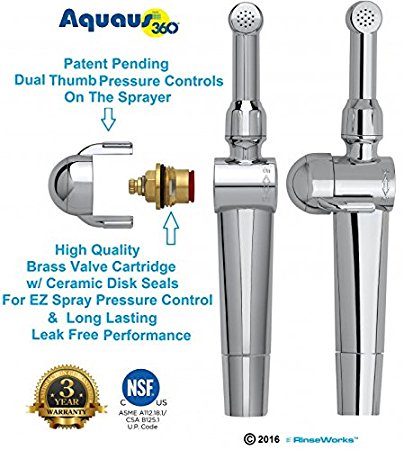Aquaus 360 Premium Bidet Spray Wand 5" Extension Included! - Sprayer Only- Dual Thumb Controls on the Sprayer for Super EZ Spray Pressure Control – Brass Valve Core w/ Ceramic Disk Seals