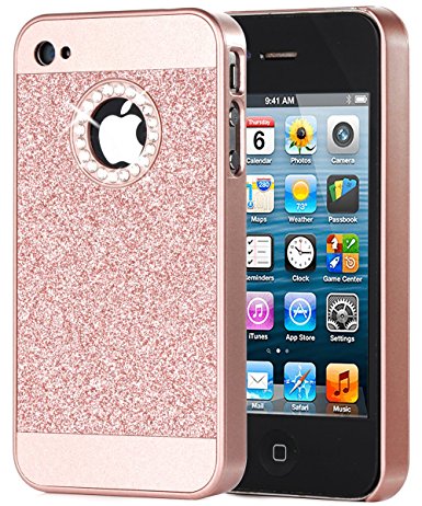 iPhone 4S Case, iPhone 4 Case, BENTOBEN Sparkly Rhinestone Bling Hybrid Slim Hard Cover Laminated with Luxury Shiny Synthetic Leather Protective Case for Apple iPhone 4 4S, Rose gold