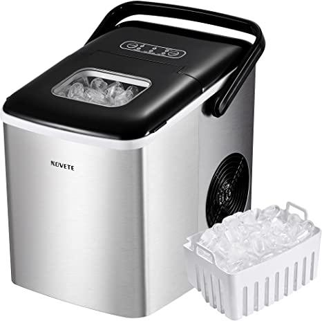 NOVETE Portable Ice Maker for Countertops, Ice Ready in 6 Minutes, 28.7 lb Ice in 24 Hours, No Water Line or Drain Line Required, Home Ice Machine with Ice Scoop and Basket