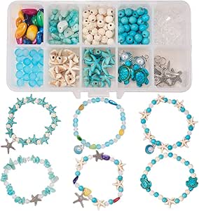 SUNNYCLUE 1 Box DIY 6Pcs Boho Shell Beads Beach Charm Anklet Christmas Bracelet Making Kit Adjustable Starfish Sea Shell Charms Turquoise Turtle Beads Foot Chain Sandal Beads for Jewelry Making Kits