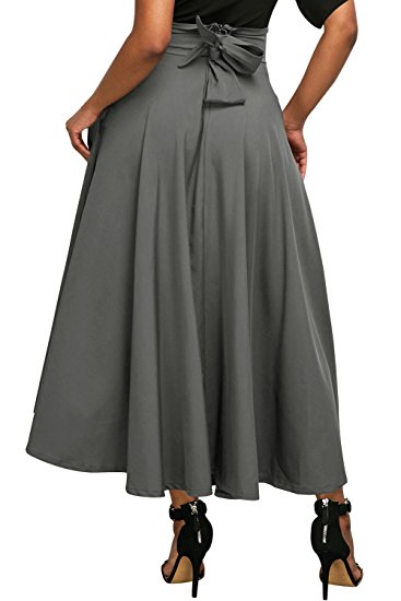 Annflat Women's High Waist Pleated A Line Long Skirt Front Slit Belted Maxi Skirt S-XXL