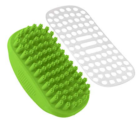 Pets Rubber Bath Brush for Dogs & Cats with Short or Long Hair - Grooming Tools for Shampooing Massaging - Soft Bristles Brush with Fur Catching Screen Gently Removes Loose & Shed Fur from Your Pet